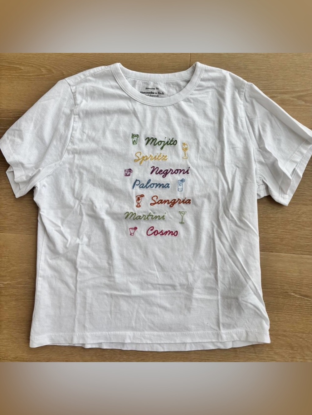 Abercrombie & Fitch White Tee with Multicolor Cocktail Embroidery